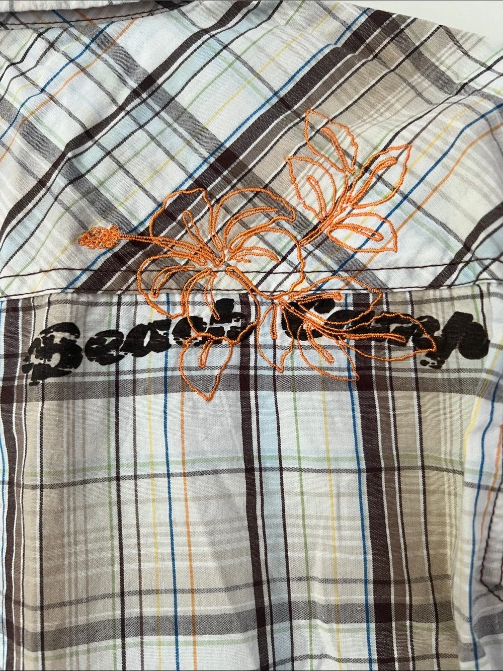 Boys Short-Sleeve Plaid Button-Up Shirt in Brown & White